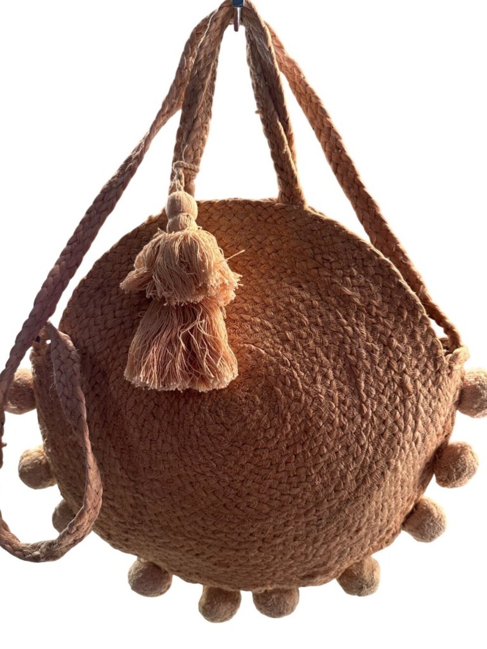 Sole Society Woven Straw Pom Pom Purse Round Womens Tote Boho Bag Braided Tassel